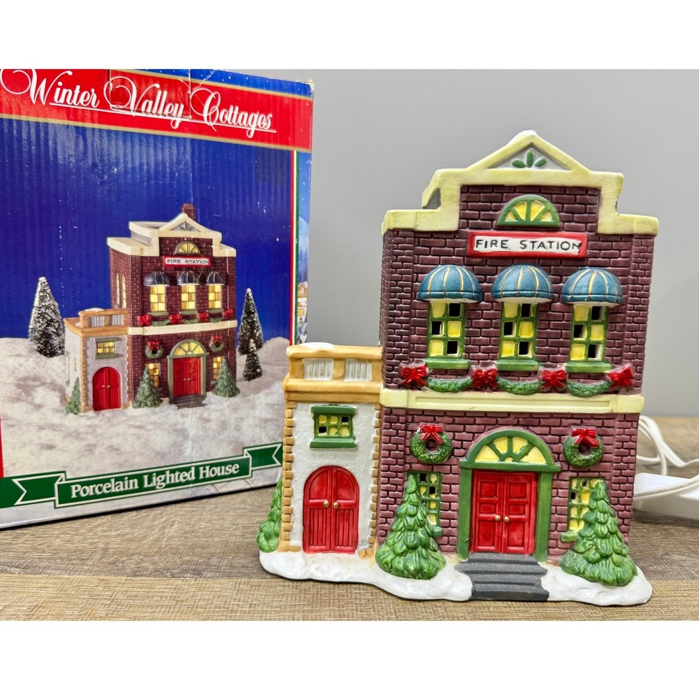 Vintage 1994 Winter Valley Porcelain Lighted Fire Station Christmas Village